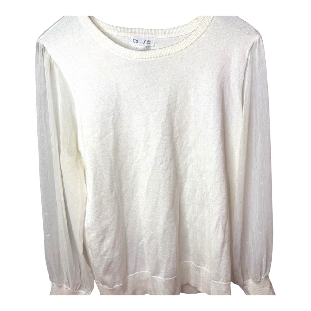 Calvinโ Klein Womens L Sheer Glitter Dot Sleeve Sweater White Balloon Sleeve